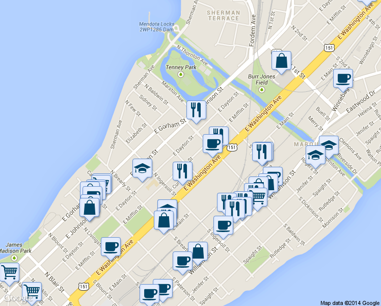map of restaurants, bars, coffee shops, grocery stores, and more near 1220 East Mifflin Street in Madison