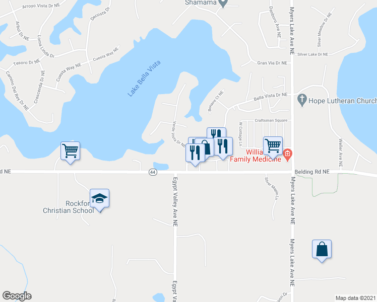 map of restaurants, bars, coffee shops, grocery stores, and more near 6435 Bella Vista Drive Northeast in Rockford