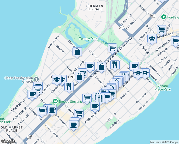 map of restaurants, bars, coffee shops, grocery stores, and more near 20 North Baldwin Street in Madison