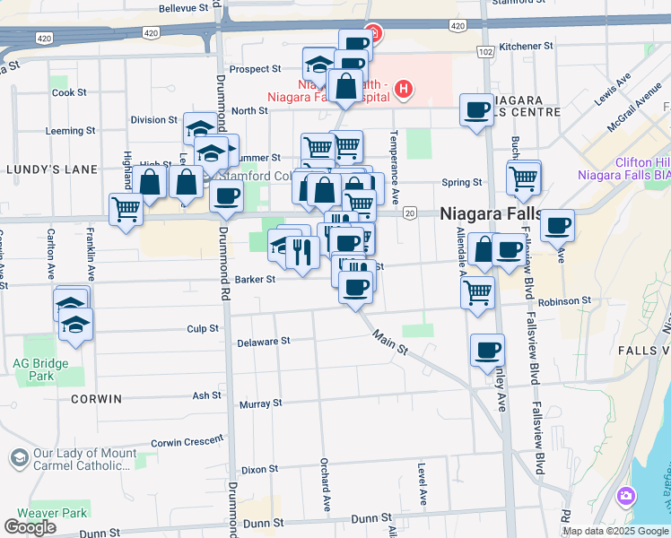 map of restaurants, bars, coffee shops, grocery stores, and more near 6015 Main Street in Niagara Falls