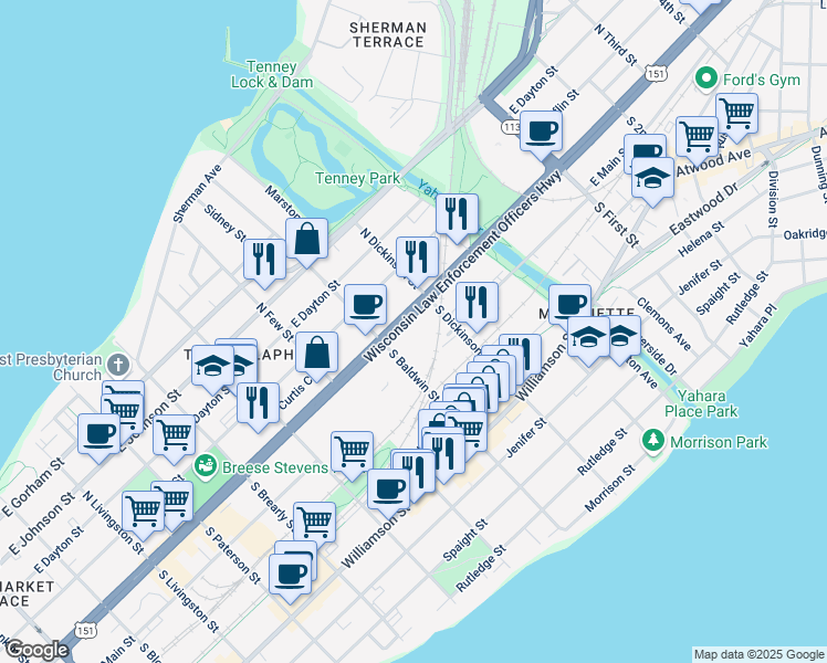 map of restaurants, bars, coffee shops, grocery stores, and more near 1301 East Washington Avenue in Madison