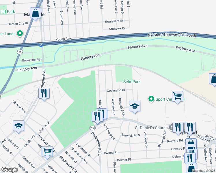 map of restaurants, bars, coffee shops, grocery stores, and more near 308 Medford Road in Syracuse