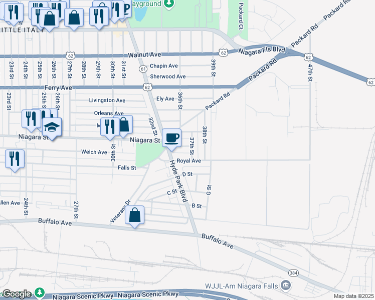 map of restaurants, bars, coffee shops, grocery stores, and more near 3321 Church Avenue in Niagara Falls