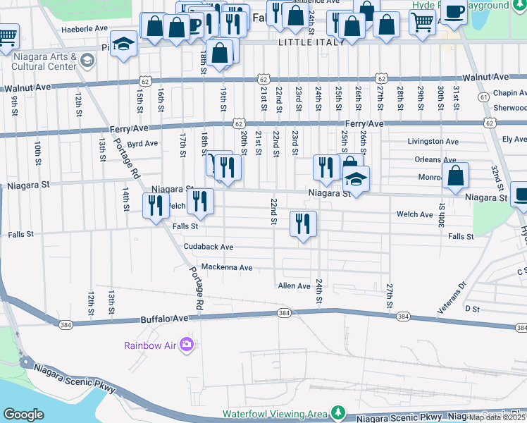 map of restaurants, bars, coffee shops, grocery stores, and more near 1963 Welch Avenue in Niagara Falls