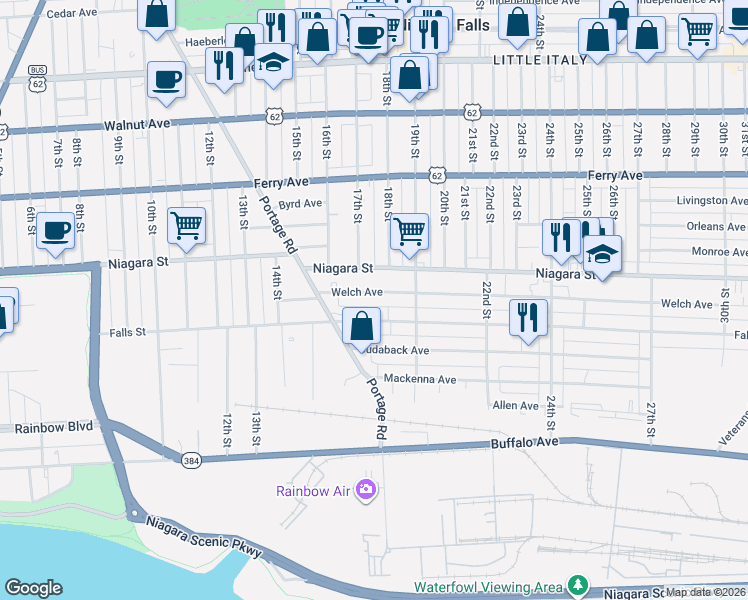 map of restaurants, bars, coffee shops, grocery stores, and more near 1757 Welch Avenue in Niagara Falls