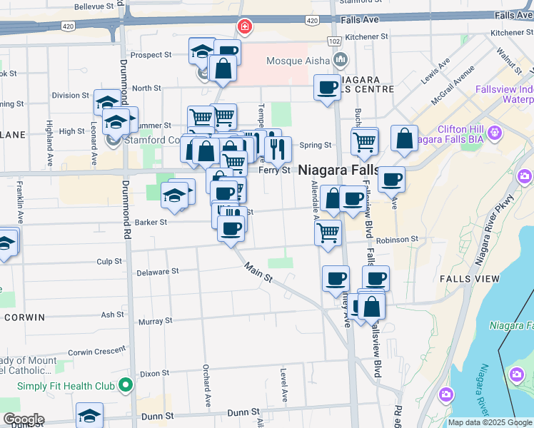 map of restaurants, bars, coffee shops, grocery stores, and more near in Niagara Falls