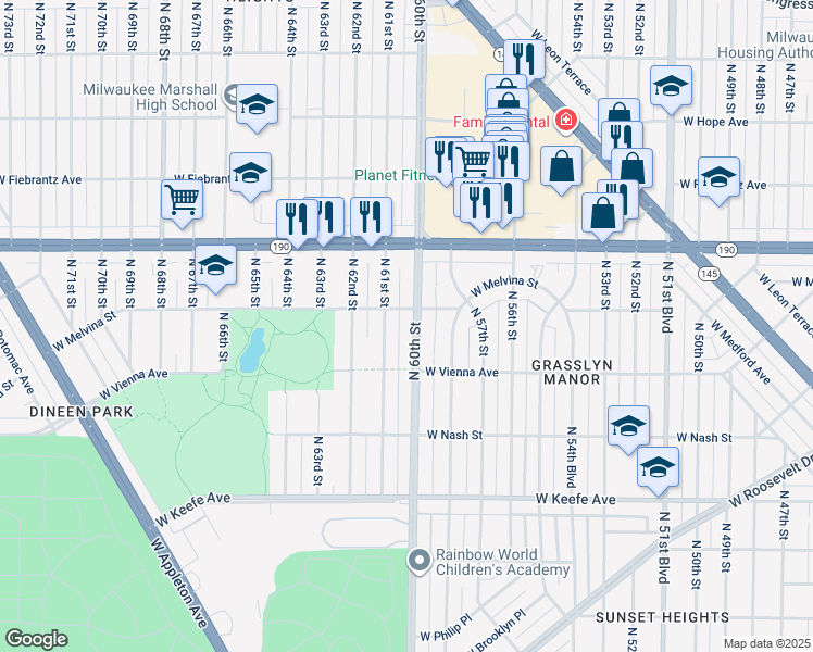 map of restaurants, bars, coffee shops, grocery stores, and more near 3857 North 60th Street in Milwaukee
