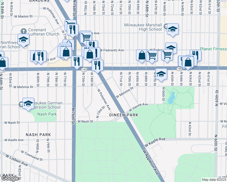map of restaurants, bars, coffee shops, grocery stores, and more near 7230 West Appleton Avenue in Milwaukee
