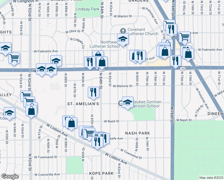 map of restaurants, bars, coffee shops, grocery stores, and more near 3863 North 82nd Street in Milwaukee