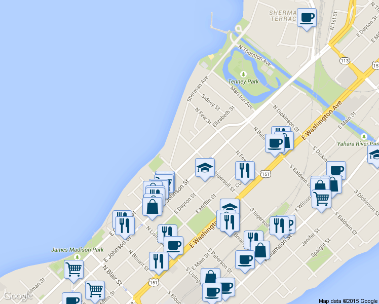 map of restaurants, bars, coffee shops, grocery stores, and more near 1034 East Gorham Street in Madison