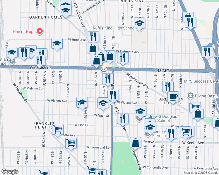 map of restaurants, bars, coffee shops, grocery stores, and more near 3872 North Teutonia Avenue in Milwaukee