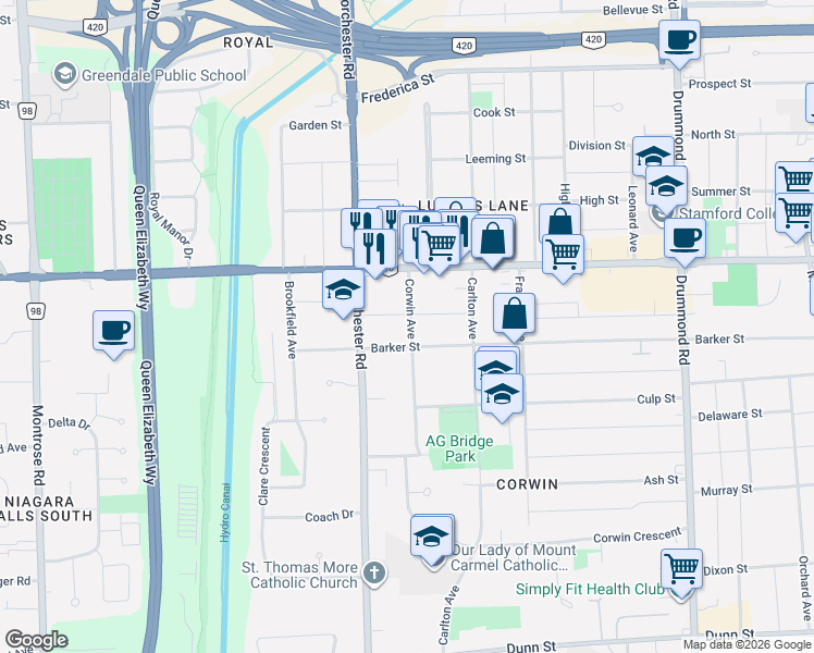 map of restaurants, bars, coffee shops, grocery stores, and more near 5997 Corwin Avenue in Niagara Falls