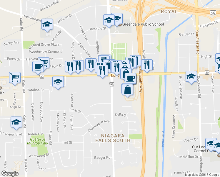 map of restaurants, bars, coffee shops, grocery stores, and more near 5979 Montrose Road in Niagara Falls