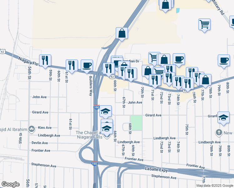 map of restaurants, bars, coffee shops, grocery stores, and more near 723 66th Street in Niagara Falls