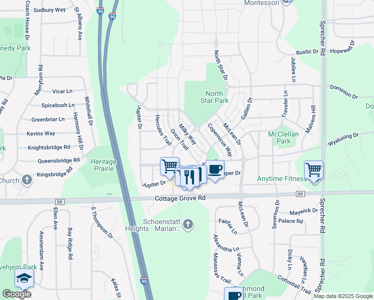 map of restaurants, bars, coffee shops, grocery stores, and more near 716 Orion Trail in Madison