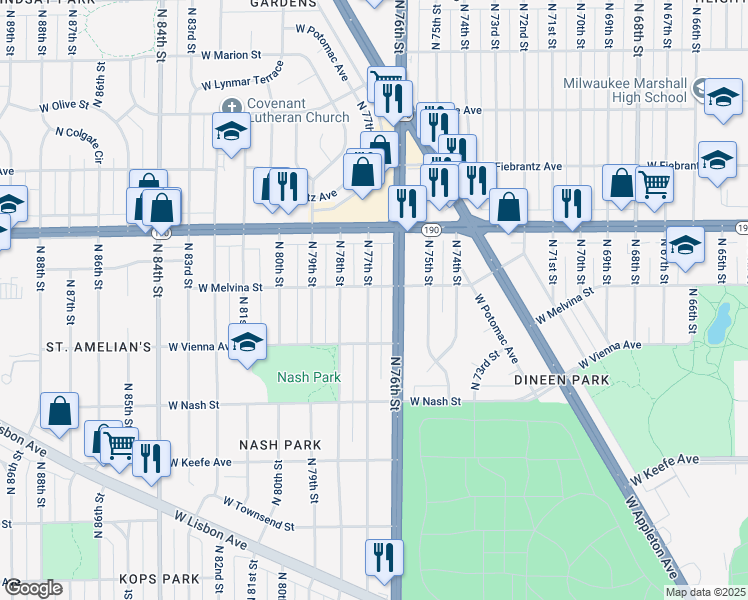 map of restaurants, bars, coffee shops, grocery stores, and more near 3860 North 77th Street in Milwaukee