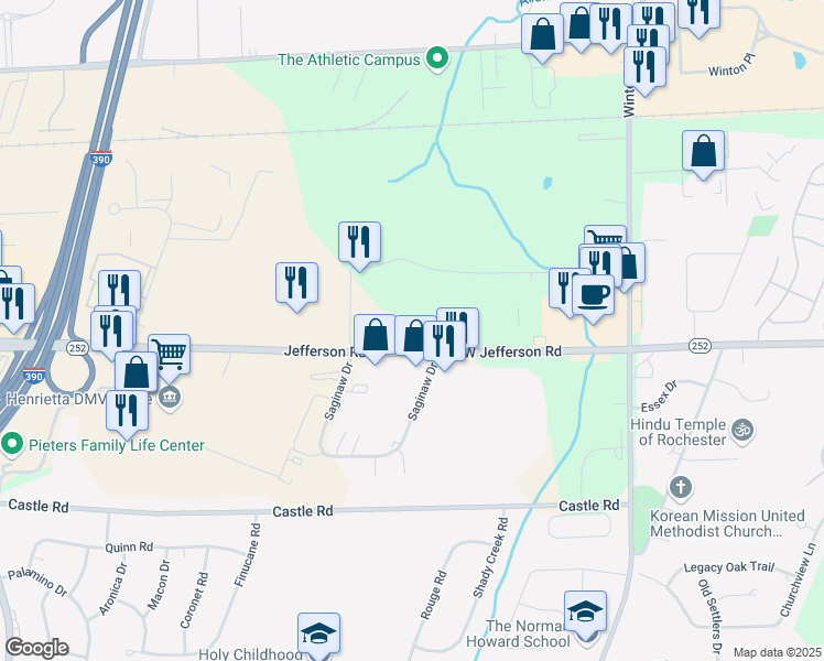 map of restaurants, bars, coffee shops, grocery stores, and more near 1350 Jefferson Road in Rochester