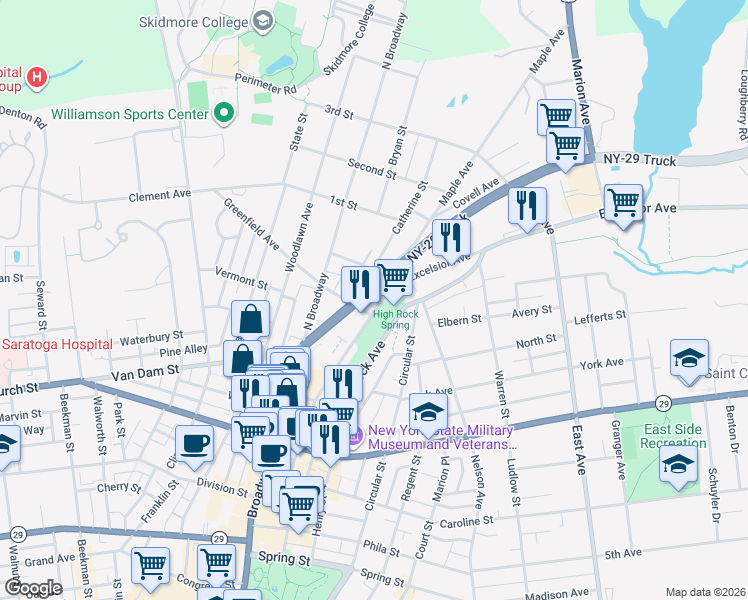 map of restaurants, bars, coffee shops, grocery stores, and more near 135 Maple Avenue in Saratoga Springs