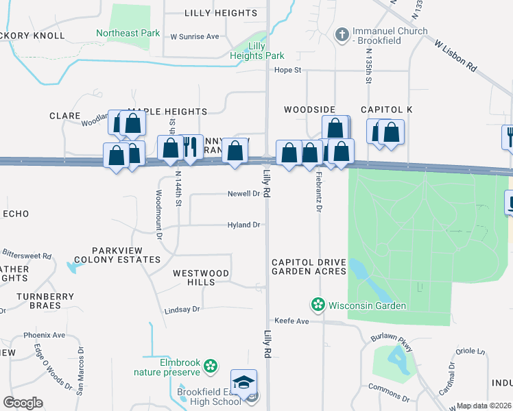 map of restaurants, bars, coffee shops, grocery stores, and more near 3845 Lilly Road in Brookfield