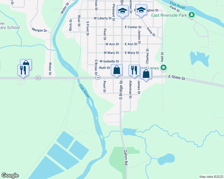 map of restaurants, bars, coffee shops, grocery stores, and more near 1029 Pleasant Street in Belding