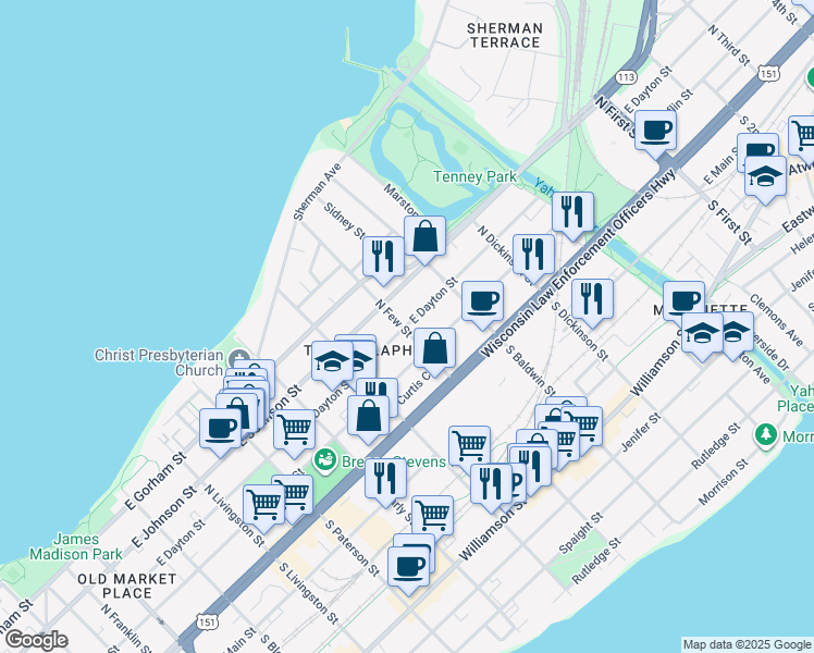 map of restaurants, bars, coffee shops, grocery stores, and more near 1203 East Dayton Street in Madison