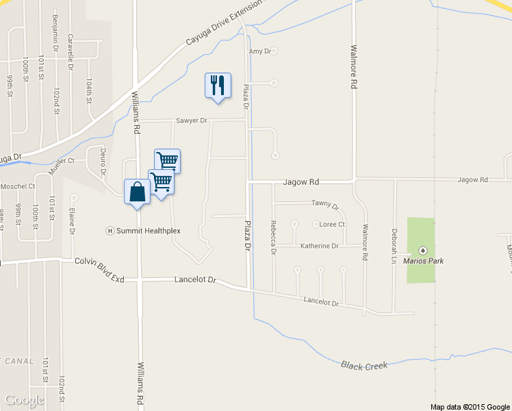 map of restaurants, bars, coffee shops, grocery stores, and more near 6933 Plaza Drive in Niagara Falls