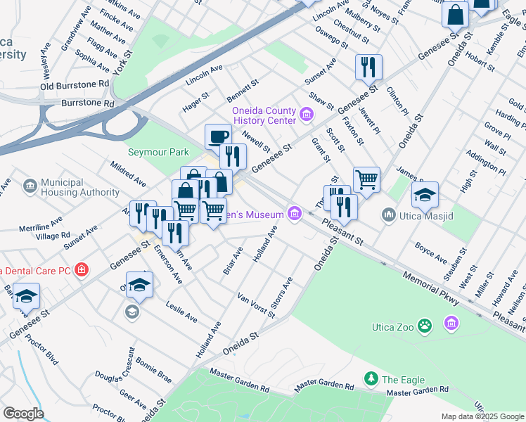 map of restaurants, bars, coffee shops, grocery stores, and more near 23 Irving Place in Utica