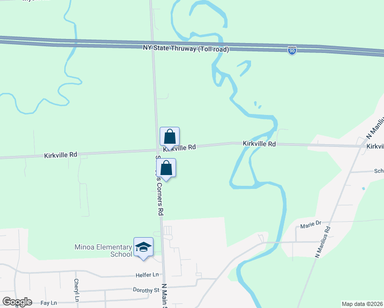 map of restaurants, bars, coffee shops, grocery stores, and more near 7596 Kirkville Road in Kirkville