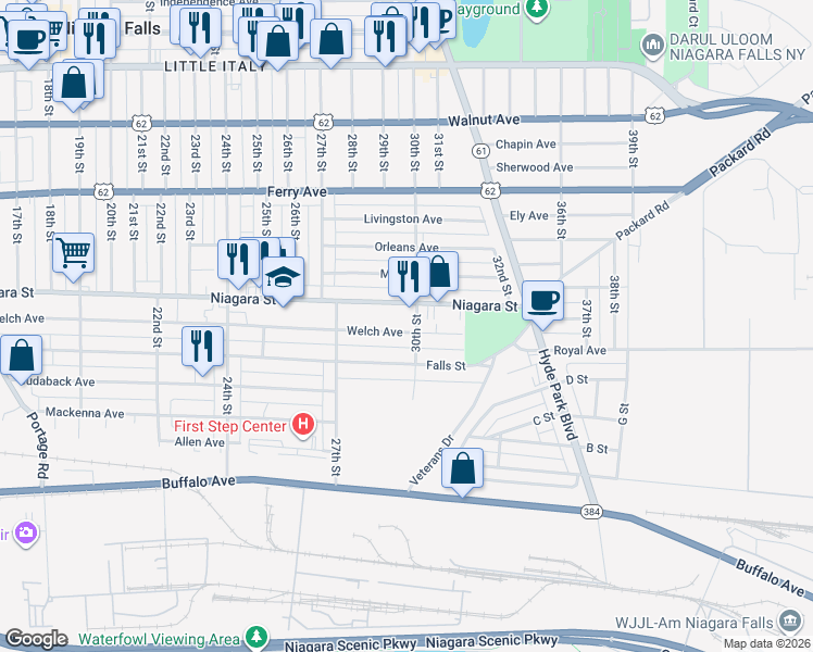 map of restaurants, bars, coffee shops, grocery stores, and more near 2772 Welch Avenue in Niagara Falls