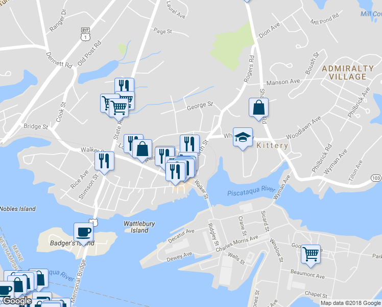 map of restaurants, bars, coffee shops, grocery stores, and more near 4 Central Ave in Kittery