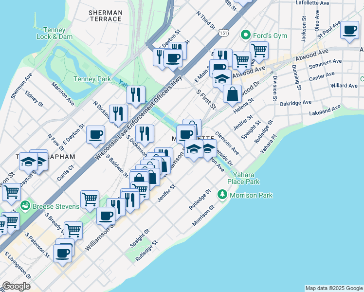 map of restaurants, bars, coffee shops, grocery stores, and more near 1456 Williamson Street in Madison
