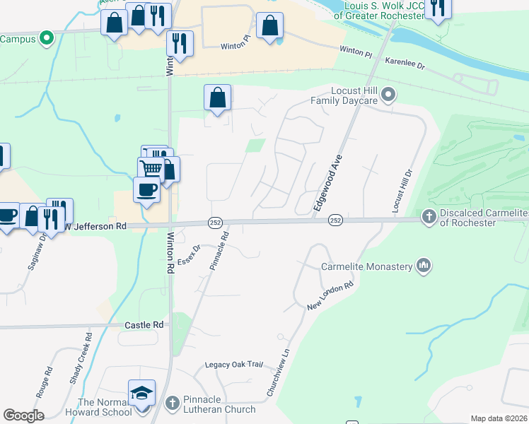 map of restaurants, bars, coffee shops, grocery stores, and more near 52 Surrey Hill Way in Rochester