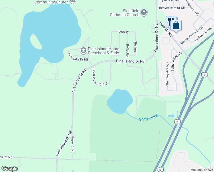 map of restaurants, bars, coffee shops, grocery stores, and more near 876 Scott Woods Drive Northeast in Comstock Park