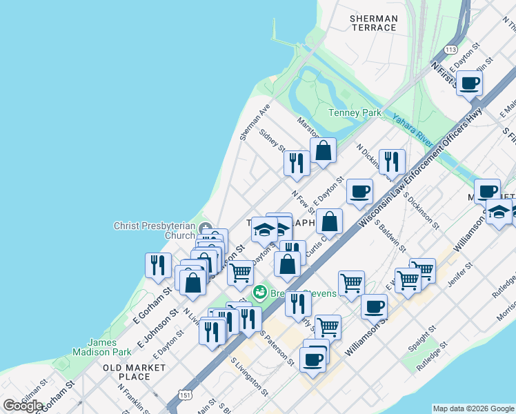map of restaurants, bars, coffee shops, grocery stores, and more near 1105 East Gorham Street in Madison