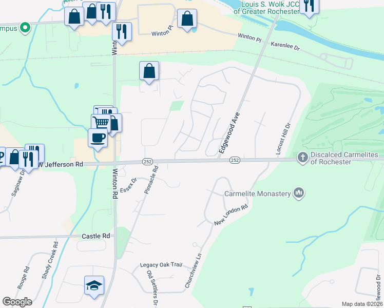 map of restaurants, bars, coffee shops, grocery stores, and more near 52 Surrey Hill Way in Rochester
