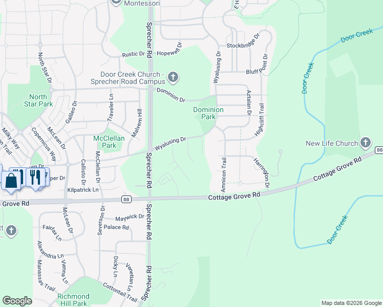 map of restaurants, bars, coffee shops, grocery stores, and more near 713 Notting Hill Way in Madison