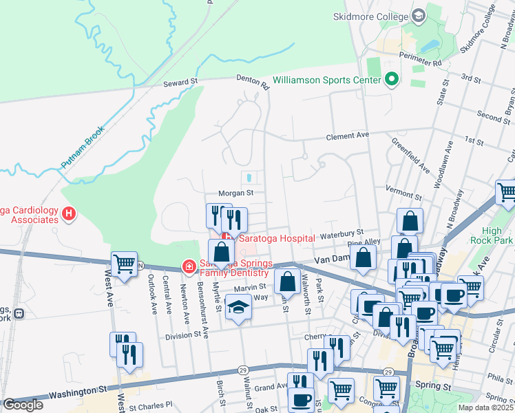 map of restaurants, bars, coffee shops, grocery stores, and more near 21 Seward Street in Saratoga Springs