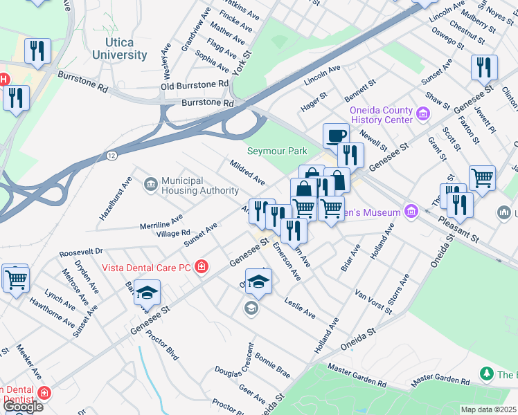 map of restaurants, bars, coffee shops, grocery stores, and more near 26 1/2 Arnold Avenue in Utica