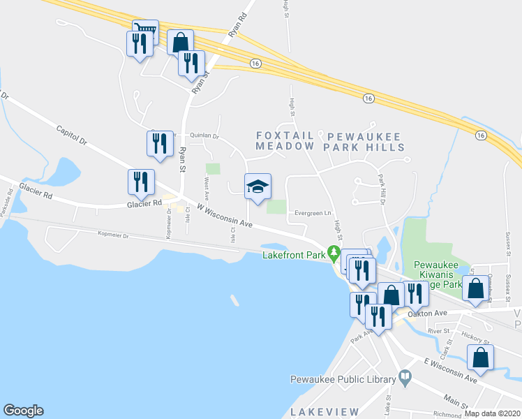map of restaurants, bars, coffee shops, grocery stores, and more near 449 W Wisconsin Ave in Pewaukee