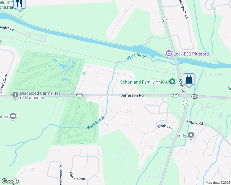 map of restaurants, bars, coffee shops, grocery stores, and more near 2163 Jefferson Road in Pittsford