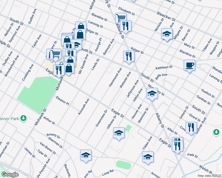 map of restaurants, bars, coffee shops, grocery stores, and more near 1147 Hammond Avenue in Utica