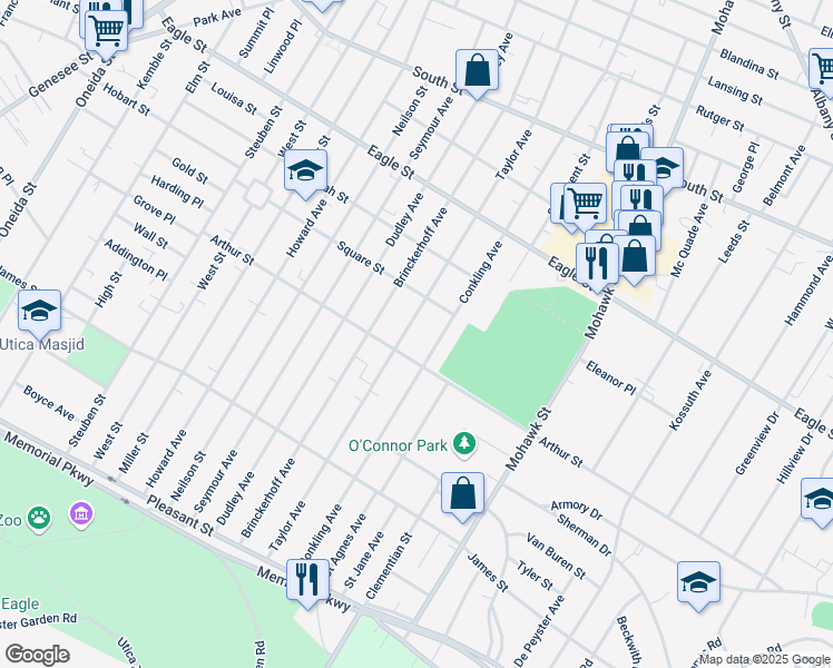 map of restaurants, bars, coffee shops, grocery stores, and more near 1427 Taylor Avenue in Utica