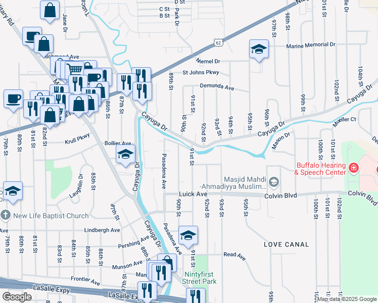 map of restaurants, bars, coffee shops, grocery stores, and more near 1122 91st Street in Niagara Falls