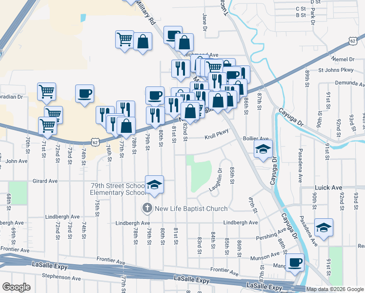 map of restaurants, bars, coffee shops, grocery stores, and more near 712 82nd Street in Niagara Falls