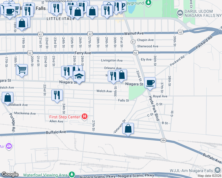 map of restaurants, bars, coffee shops, grocery stores, and more near 2772 Welch Avenue in Niagara Falls