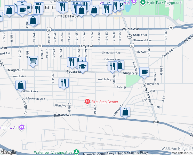 map of restaurants, bars, coffee shops, grocery stores, and more near 2642 27th Street in Niagara Falls
