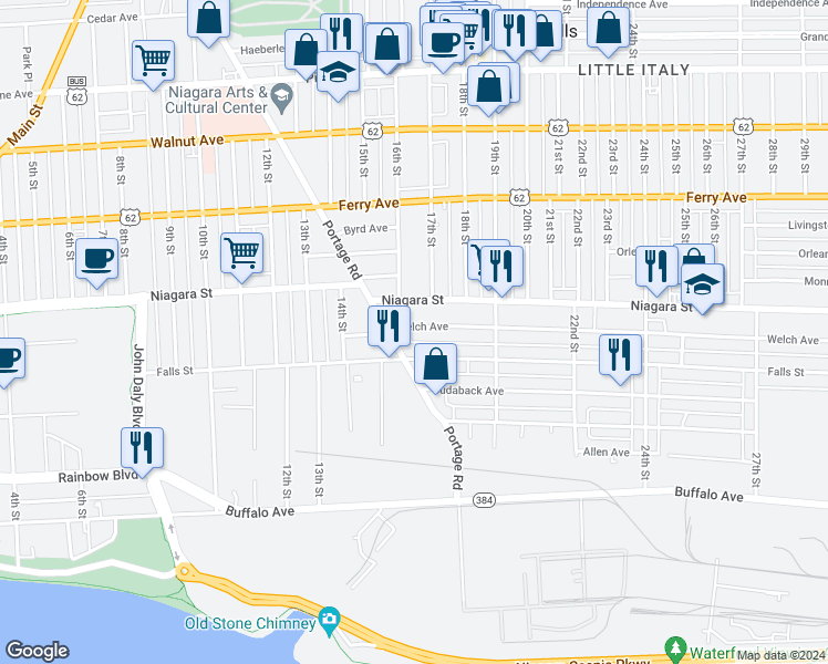 map of restaurants, bars, coffee shops, grocery stores, and more near 317 Portage Road in Niagara Falls