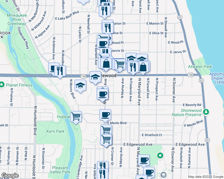 map of restaurants, bars, coffee shops, grocery stores, and more near 1818 East Shorewood Boulevard in Shorewood