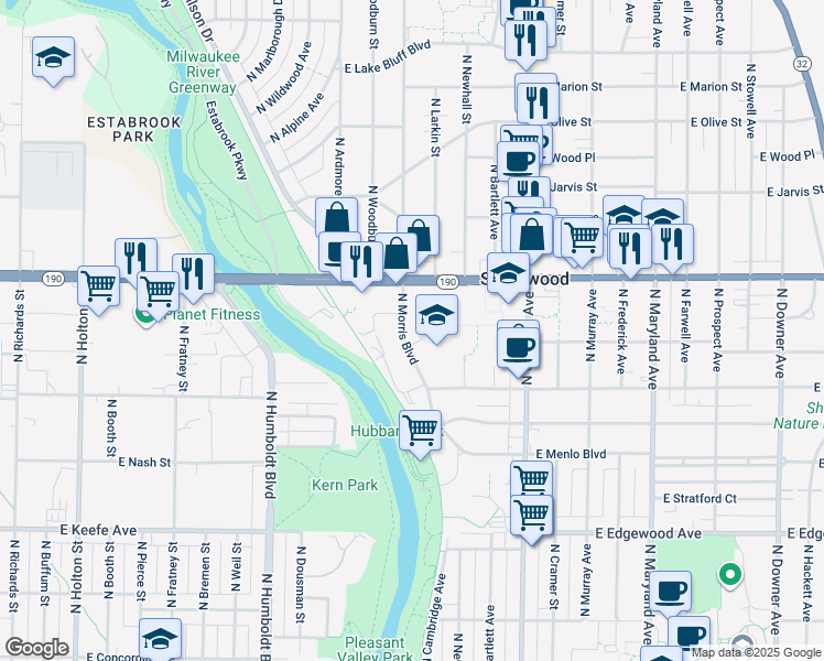map of restaurants, bars, coffee shops, grocery stores, and more near 3857 North Morris Boulevard in Shorewood