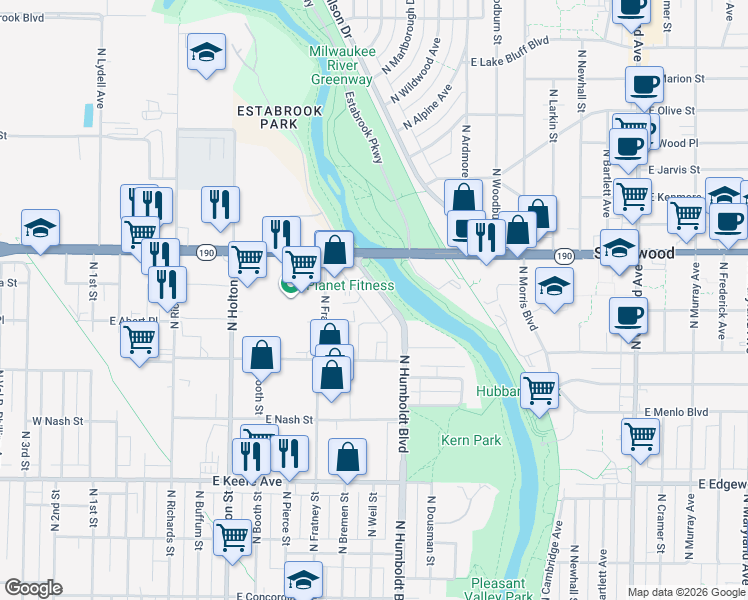 map of restaurants, bars, coffee shops, grocery stores, and more near 3869 North Humboldt Boulevard in Milwaukee